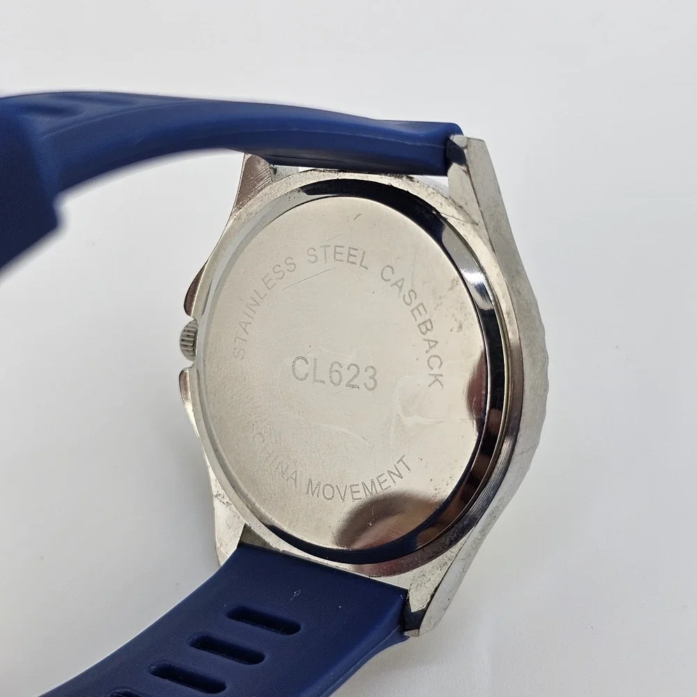 Men's Watch Analog 38MM White Dial Blue Plastic Bands‎ New Battery